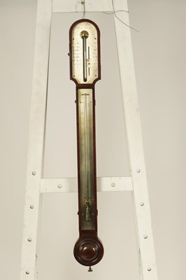 Lot 852 - JAMES LONG, ROYAL EXCHANGE, LONDON.  A GEORGE III MAHOGANY STICK BAROMETER/THERMOMETER