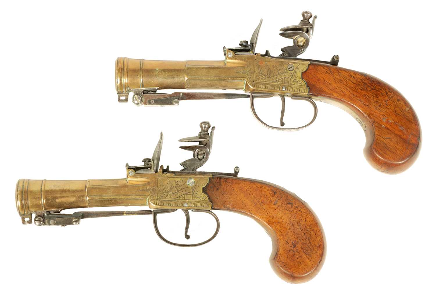 Lot 679 - A RARE PAIR OF EARLY 19TH CENTURY FLINTLOCK BOX-LOCK BLUNDERBUSS-PISTOLS WITH UNDER SPRING BAYONETS BY YOUNG