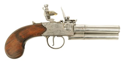 Lot 678 - AN EARLY 19TH CENTURY FLINTLOCK BOX-LOCK THREE-BARRELED TAP-ACTION PISTOL BY R. CLARKE, NO. 62. CHEAPSIDE, LONDON