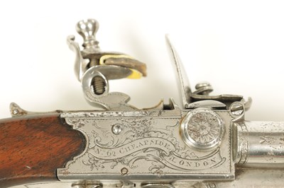 Lot 678 - AN EARLY 19TH CENTURY FLINTLOCK BOX-LOCK THREE-BARRELED TAP-ACTION PISTOL BY R. CLARKE, NO. 62. CHEAPSIDE, LONDON