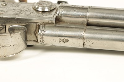 Lot 678 - AN EARLY 19TH CENTURY FLINTLOCK BOX-LOCK THREE-BARRELED TAP-ACTION PISTOL BY R. CLARKE, NO. 62. CHEAPSIDE, LONDON