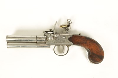 Lot 678 - AN EARLY 19TH CENTURY FLINTLOCK BOX-LOCK THREE-BARRELED TAP-ACTION PISTOL BY R. CLARKE, NO. 62. CHEAPSIDE, LONDON