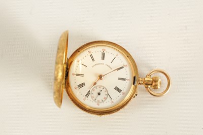 Lot 274 - COURVOISIER, NUMBERED 27779. A 19TH CENTURY FRENCH 18CT GOLD AND ENAMEL HALF HUNTER FOB WATCH