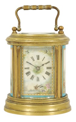 Lot 1157 - A LATE 19TH CENTURY FRENCH OVAL MINIATURE PORCELAIN PANELLED CARRIAGE CLOCK