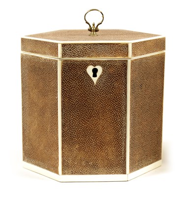 Lot 482 - A GEORGE III SHAGREEN AND IVORY  BANDED HEXAGONAL TEA CADDY