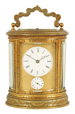 Lot 691 - A LATE 19TH CENTURY OVAL ENGRAVED GILT BRASS  CARRIAGE CLOCK REPEATER