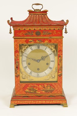 Lot 794 - A LATE 19TH CENTURY RED LACQUER AND CHINOISERIE DECORATED QUARTER CHIMING BRACKET CLOCK
