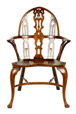 Lot 994 - AN 18TH CENTURY STYLE GOTHIC REVIVAL YEW WOOD ‘STRAWBERRY HILL’ DESIGN WINDSOR ARMCHAIR