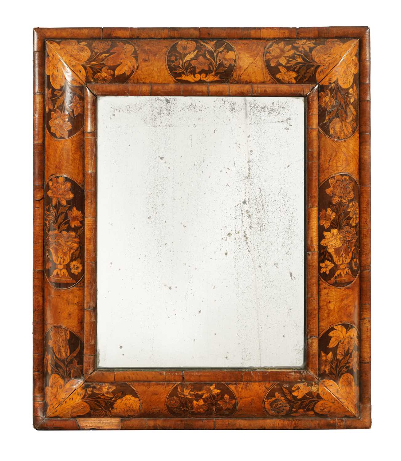 Lot 891 - A LATE 17TH CENTURY WILLIAM AND MARY MARQUETRY PANELLED WALNUT HANGING MIRROR OF LARGE SIZE