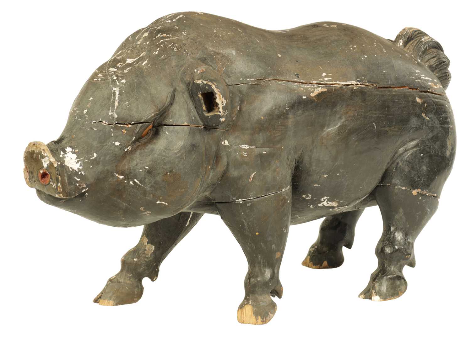 Lot 592 - AN EARLY 19TH CENTURY CARVED WOOD BUTCHERS SHOP ADVERTISING DISPLAY DEPICTING A POT-BELLIED PIG.