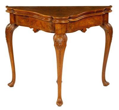 Lot 896 - AN UNUSUAL 19TH CENTURY GEORGE I STYLE BURR WALNUT FOLD-OVER CARD TABLE OF SHAPED TRIANGULAR FORM