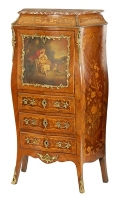 Lot 979 - A 19TH CENTURY FRENCH LOUIS XVI STYLE ORMOLU MOUNTED KINGWOOD AND MARQUETRY INLAID FALL FRONT SECRETAIRE CABINET