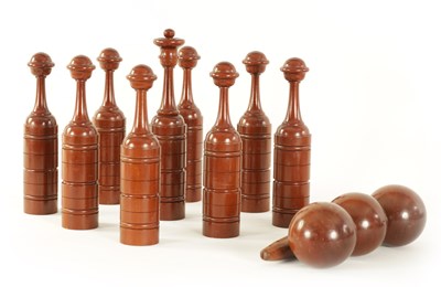 Lot 542 - A GOOD 19TH CENTURY MAHOGANY CASED SET OF TURNED TREENWARE INDOOR SKITTLES