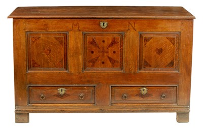 Lot 865 - AN EARLY 18TH CENTURY WELSH INLAID JOINED OAK MARRIAGE CHEST