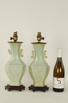 Lot 97 - A PAIR OF CHINESE CELADON GLAZED VASE LAMPS