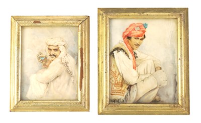 Lot 384 - TWO LATE 19TH CENTURY HALF-LENGTH PORTRAITS ON IVORY OF SEATED ARABIC GENTLEMEN