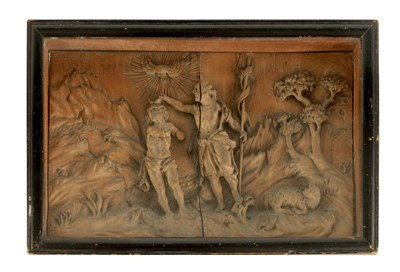 Lot 554 - AN EARLY CONTINENTAL RELIEF CARVED WOOD PICTURE OF A RELIGIOUS SCENE