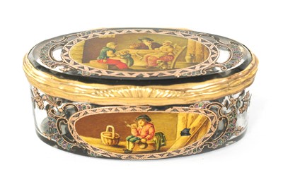 Lot 229 - AN UNUSUAL 19TH CENTURY CONTINENTAL GLASS AND GILT METAL MOUNTED OVAL PATCH BOX