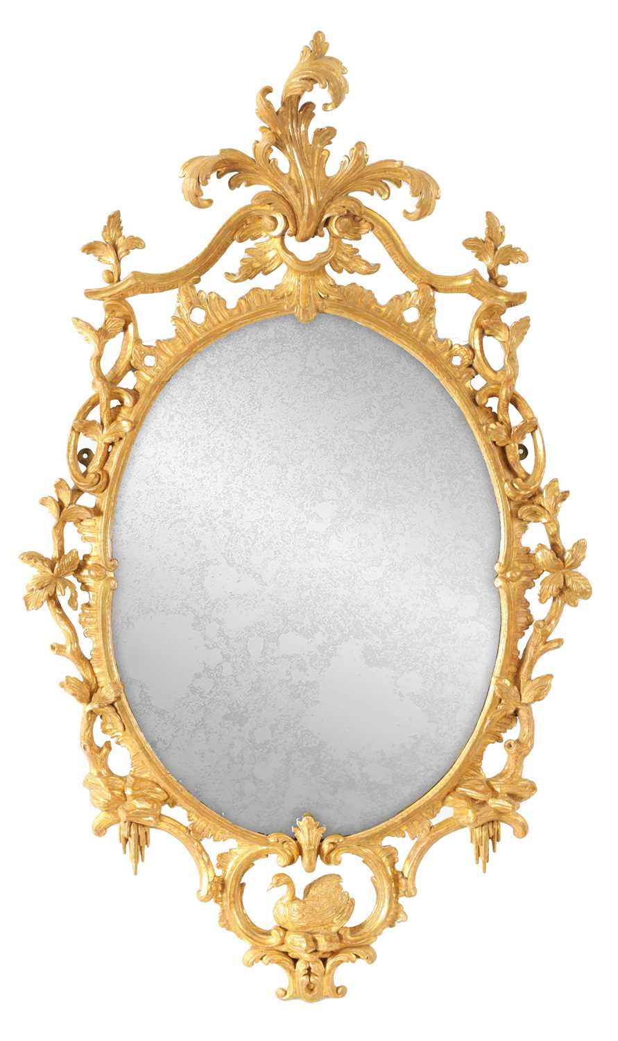 Lot 996 - A FINE MID 18TH CENTURY OVAL CARVED GILT GESSO HANGING MIRROR IN THE MANNER OF THOMAS CHIPPENDALE