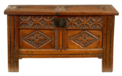 Lot 862 - A GOOD LATE 17TH CENTURY JOINED OAK COFFER OF SMALL SIZE