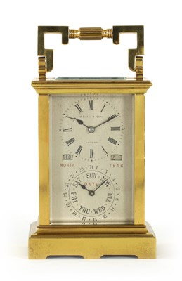 Lot 703 - W. BATTY, LONDON.  A VERY RARE LATE 19TH CENTURY FRENCH LACQUERED BRASS CARRIAGE CLOCK TIMEPIECE WITH ANNUAL CALENDAR