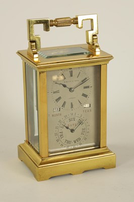 Lot 930 - W. BATTY, LONDON.  A VERY RARE LATE 19TH CENTURY FRENCH LACQUERED BRASS CARRIAGE CLOCK TIMEPIECE WITH ANNUAL CALENDAR