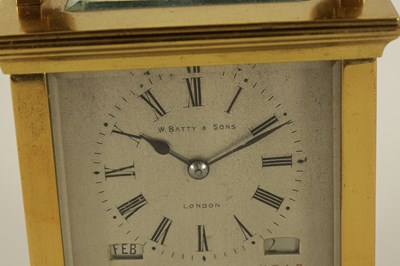 Lot 930 - W. BATTY, LONDON.  A VERY RARE LATE 19TH CENTURY FRENCH LACQUERED BRASS CARRIAGE CLOCK TIMEPIECE WITH ANNUAL CALENDAR