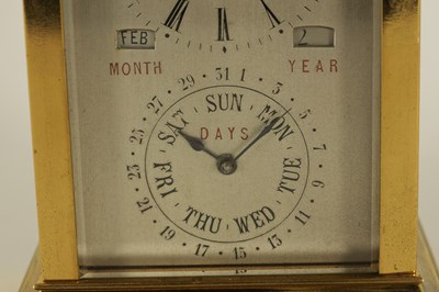 Lot 930 - W. BATTY, LONDON.  A VERY RARE LATE 19TH CENTURY FRENCH LACQUERED BRASS CARRIAGE CLOCK TIMEPIECE WITH ANNUAL CALENDAR