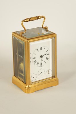 Lot 702 - BARWISE, PARIS.  A 19TH CENTURY FRENCH GILT BRASS REPEATING CARRIAGE CLOCK WITH CALENDAR AND SECONDS HAND