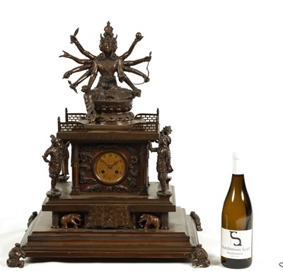 Lot 804 - A LARGE AND IMPRESSIVE LATE 19TH CENTURY FRENCH BRONZE TABLE CLOCK MODELLED AS A TIBETAN TEMPLE