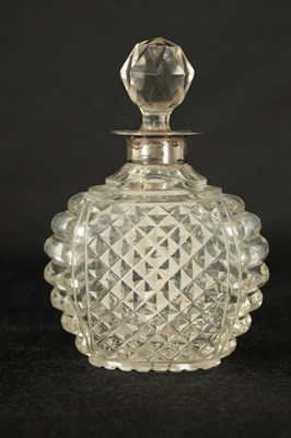 Lot 7 - AN UNUSUAL 19TH CENTURY SULPHIDE MASK HEAD AND CUT GLASS  TOILET WATER BOTTLE AND STOPPER