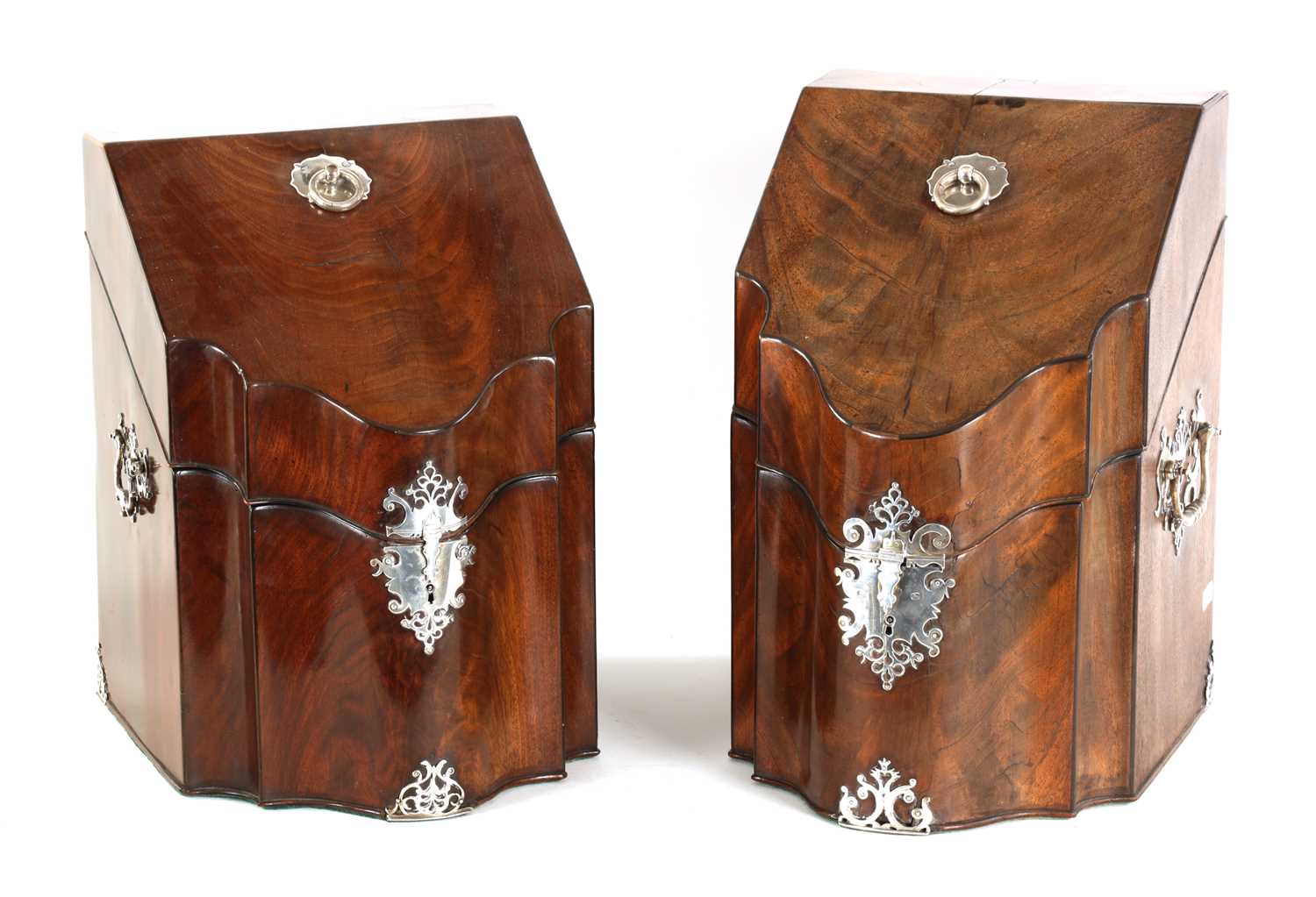 Lot 491 - A MATCHED PAIR OF GEORGE III MAHOGANY SILVER MOUNTED KNIFE BOXES