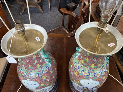Lot 152 - A PAIR OF 19TH CENTURY CHINESE FAMILLE ROSE VASES CONVERTED TO LAMPS