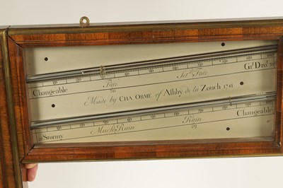 Lot 847 - CHARLES ORME, ASHBY-DE-LA-ZOUCH - DATED 1741. A FINE GEORGE II WALNUT AND BRASS BANDED ANGLE BAROMETER
