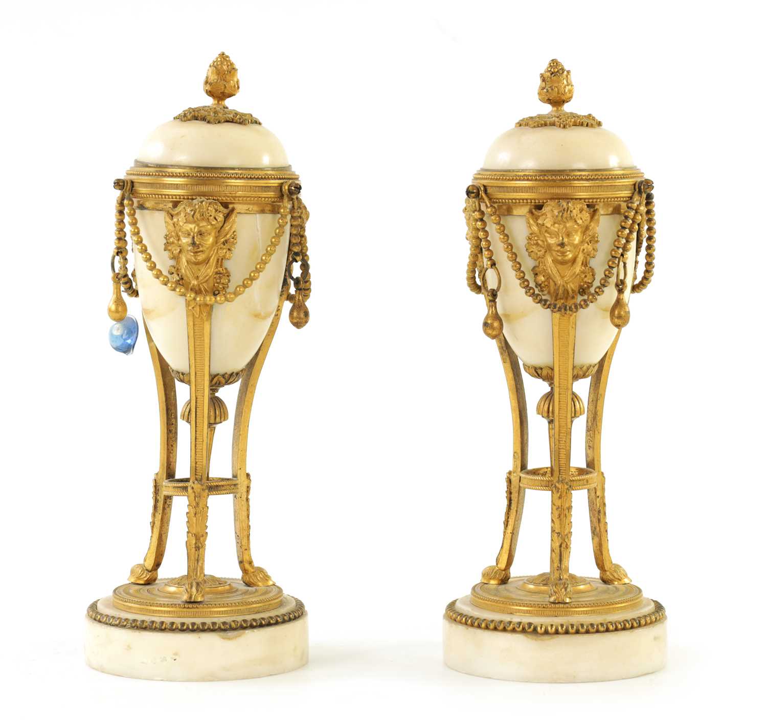 Lot 573 - A PAIR OF 19TH CENTURY ADAM STYLE ORMOLU MOUNTED WHITE MARBLE REVERSIBLE URNS/CANDLESTICKS