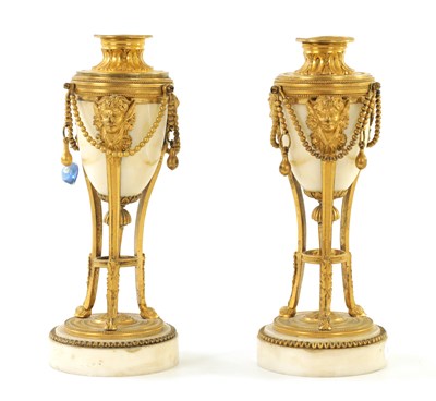 Lot 573 - A PAIR OF 19TH CENTURY ADAM STYLE ORMOLU MOUNTED WHITE MARBLE REVERSIBLE URNS/CANDLESTICKS