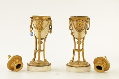 Lot 573 - A PAIR OF 19TH CENTURY ADAM STYLE ORMOLU MOUNTED WHITE MARBLE REVERSIBLE URNS/CANDLESTICKS