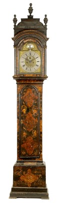 Lot 848 - THOMAS LAW, LONDON.  A MID 18TH CENTURY CHINOISERIE DECORATED BLACK LACQUER EIGHT-DAY AUTOMATON LONGCASE CLOCK