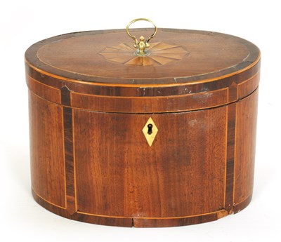 Lot 463 - A GEORGE III OVAL INLAID MAHOGANY TEA CADDY