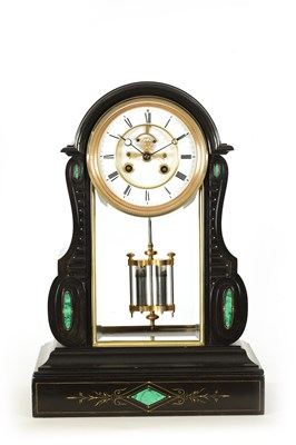 Lot 745 - A LATE 19TH CENTURY FRENCH BLACK MARBLE AND MALACHITE MANTEL CLOCK