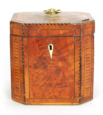 Lot 462 - A GEORGE III INLAID AND CHEQUER-STRUNG FIGURED SATINWOOD TEA CADDY