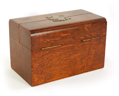 Lot 525 - A 19TH CENTURY OAK HABERDASHERY BOX retailed by F. ALDIS 11 BELGRAVE MANSIONS numbered Rd. 52066/889