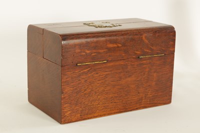 Lot 525 - A 19TH CENTURY OAK HABERDASHERY BOX retailed by F. ALDIS 11 BELGRAVE MANSIONS numbered Rd. 52066/889