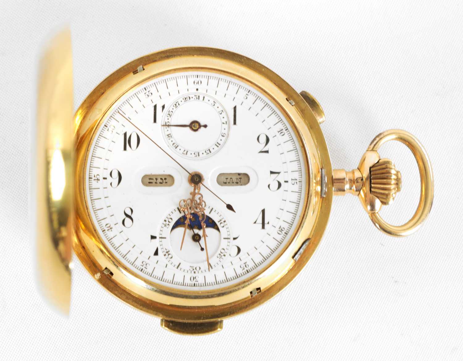 Lot 279 - A LATE 19TH CENTURY 18CT GOLD  HUNTER CHRONOGRAPH QUARTER REPEATING POCKET WATCH