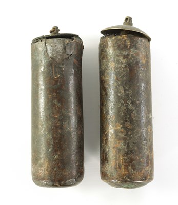 Lot 836 - A PAIR OF 18TH CENTURY BRASS CASED LONGCASE CLOCK WEIGHTS