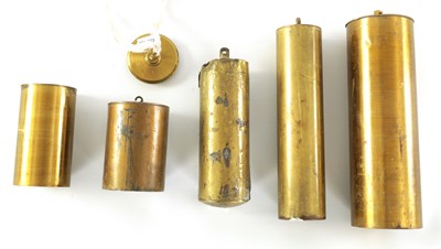 Lot 783 - A SELECTION OF FIVE 19TH CENTURY BRASS CASED CLOCK WEIGHTS