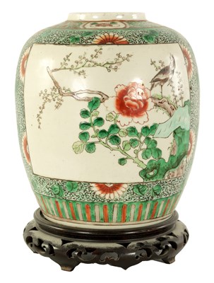 Lot 157 - A 19TH CENTURY CHINESE FAMILLE VERTE GINGER JAR ON STAND