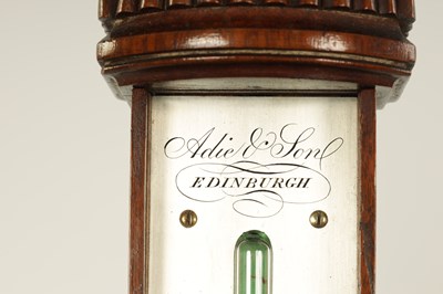 Lot 788 - ADIE & SON, EDINBURGH. A FINE LATE REGENCY FIGURED MAHOGANY BOW-FRONT STICK BAROMETER/THERMOMETER
