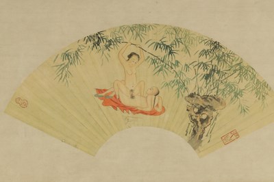 Lot 119 - A PAIR OF 19TH CENTURY CHINESE EROTIC FAN-SHAPED WATERCOLOURS