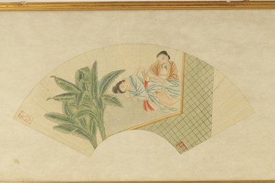 Lot 119 - A PAIR OF 19TH CENTURY CHINESE EROTIC FAN-SHAPED WATERCOLOURS